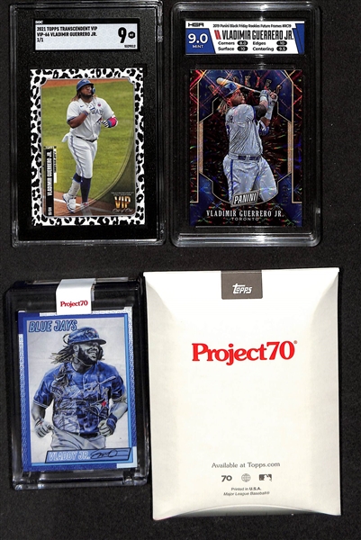 Lot of (3) Vladimir Guerrero Jr Cards- 2021 Topps Transcendent VIP 1/1 (SGC 9), 2019 Black Friday Rookie (#/99) (HGA 9), 2021 Topps Project 70